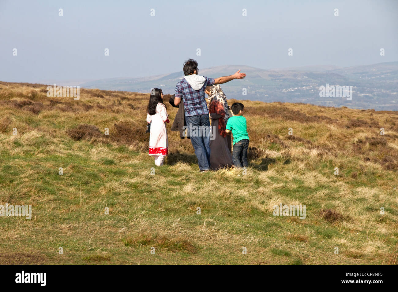 Family on walk on Holcombe Hill, above Ramsbottom, West Pennines, Greater Manchester / Lancashire, England,UK Stock Photo