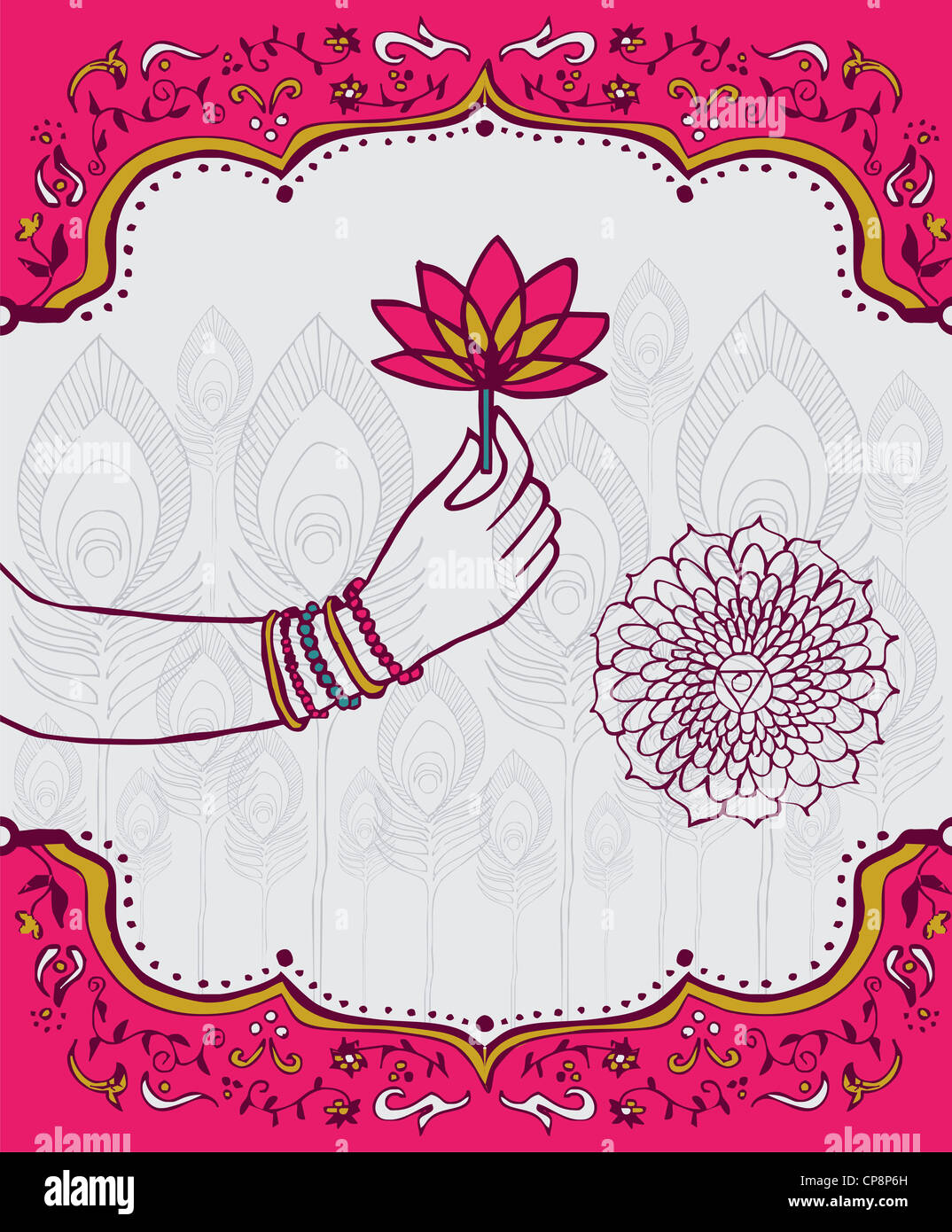 Indian woman hand holding a lotus flower over white and pink background. Vector file available. Stock Photo