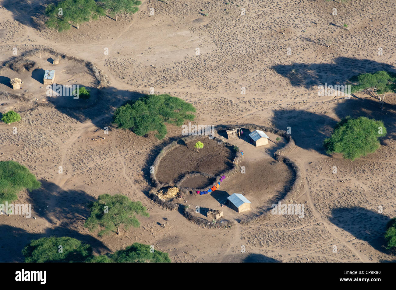 Maasai settlement (Boma), aerial view, Arusha Region, Tanzania Stock Photo