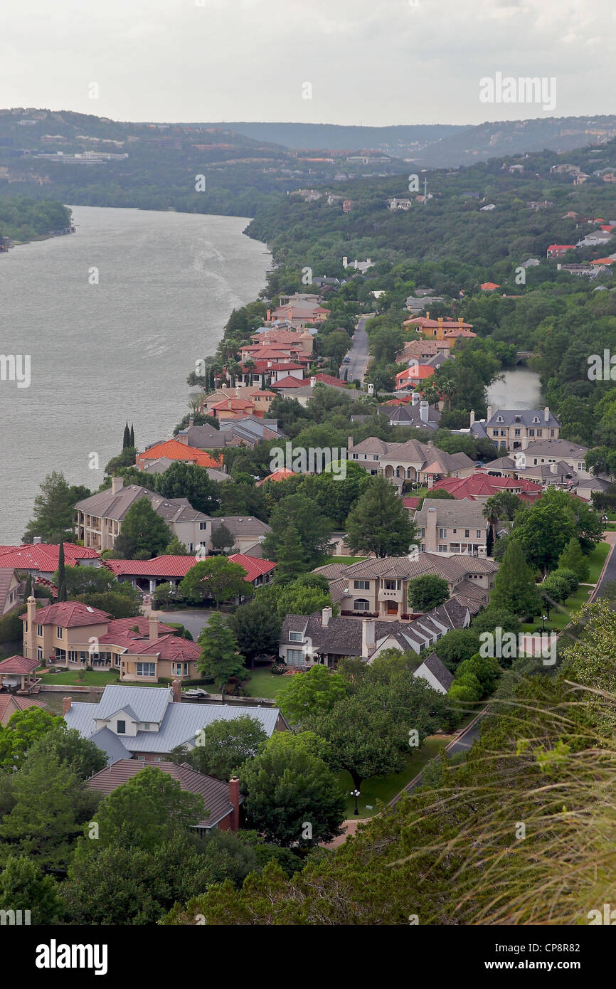 Mansions on the Colorado River, viewed from Mount Bonnell, Austin, Texas Stock Photo