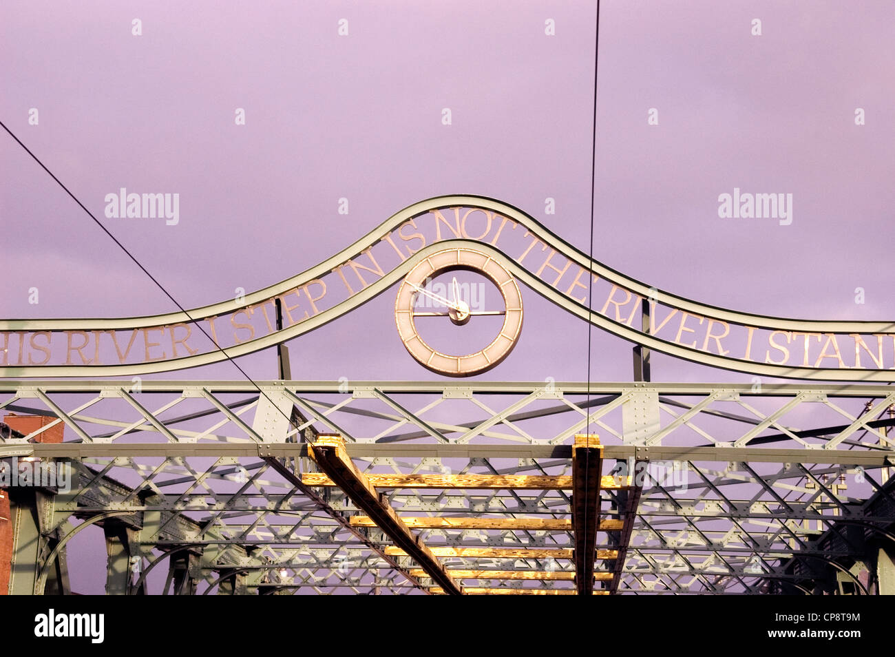 An art installation atop the Queen Street Viaduct steel truss bridge on Queen Street East in the downtown Riverside are in Toronto, Ontario, Canada. Stock Photo
