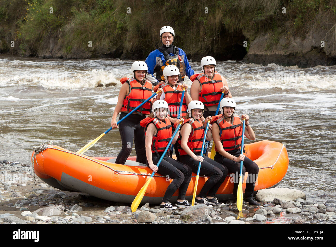 Large Group Of Young People Ready To Go Rafting Stock Photo - Alamy
