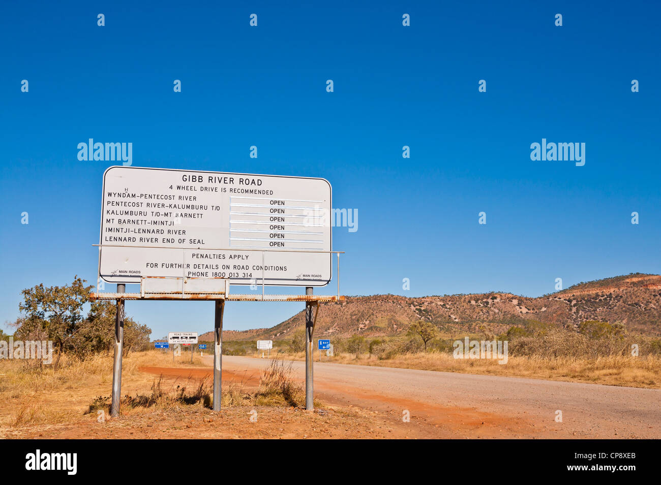 Outback Western Australia, and the sign for the Gibb River Road, said to be one of the last great adventures. Stock Photo