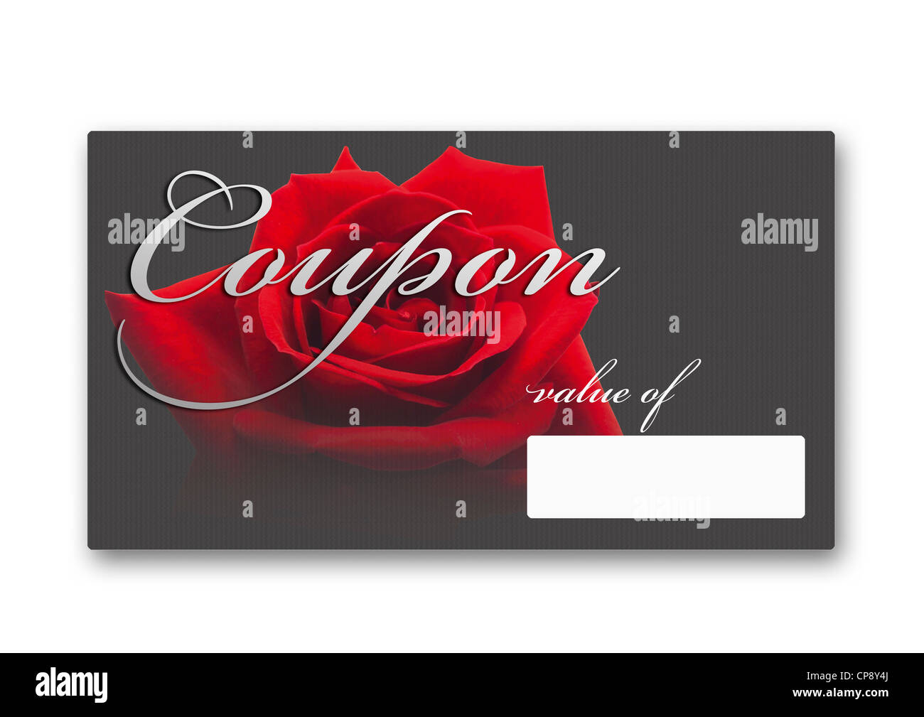 Coupon card with red rose against white background, close up Stock