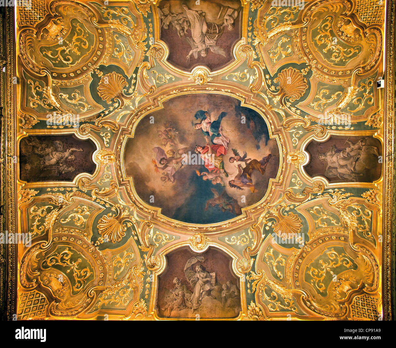 Europe Italy Piedmont Turin  Falletti di Barolo Palace  Green Room Ceiling Stock Photo