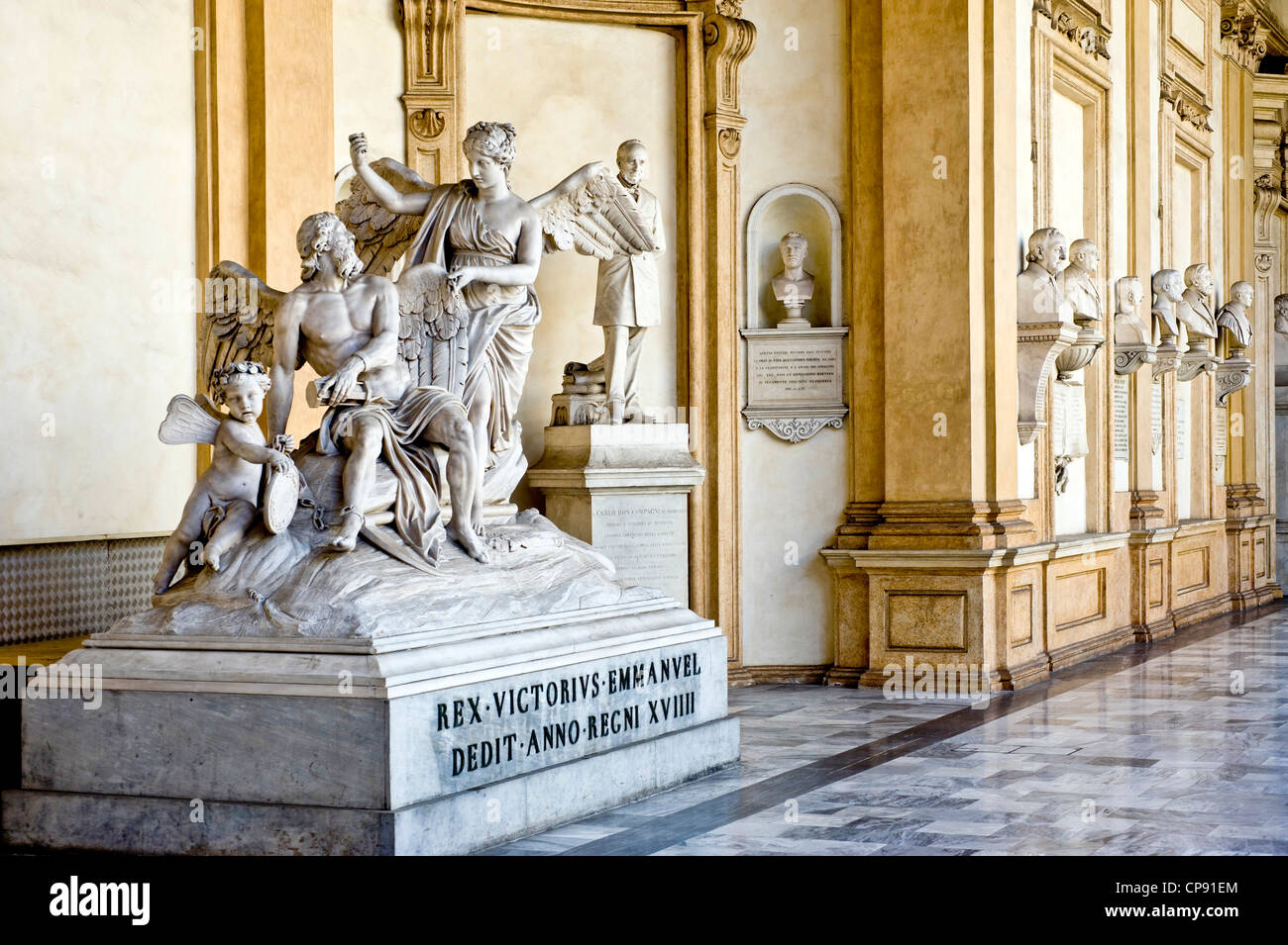 Europe Italy Piedmont Turin Via Po University of statues in the loggia of the courtyard on the first floor Stock Photo