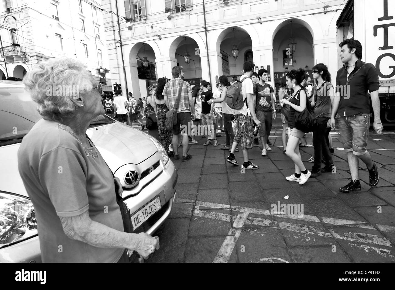 Europe Italy Piedmont Turin Via Po Exhibition 'Va Bin parade' Tackling young and elderly Stock Photo