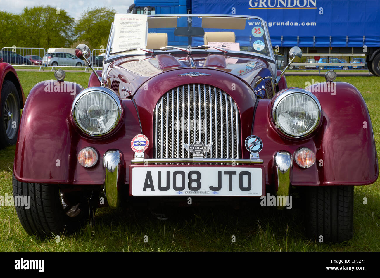 Morgan +4 and 4/4 sports cars on display at a car show. Stock Photo
