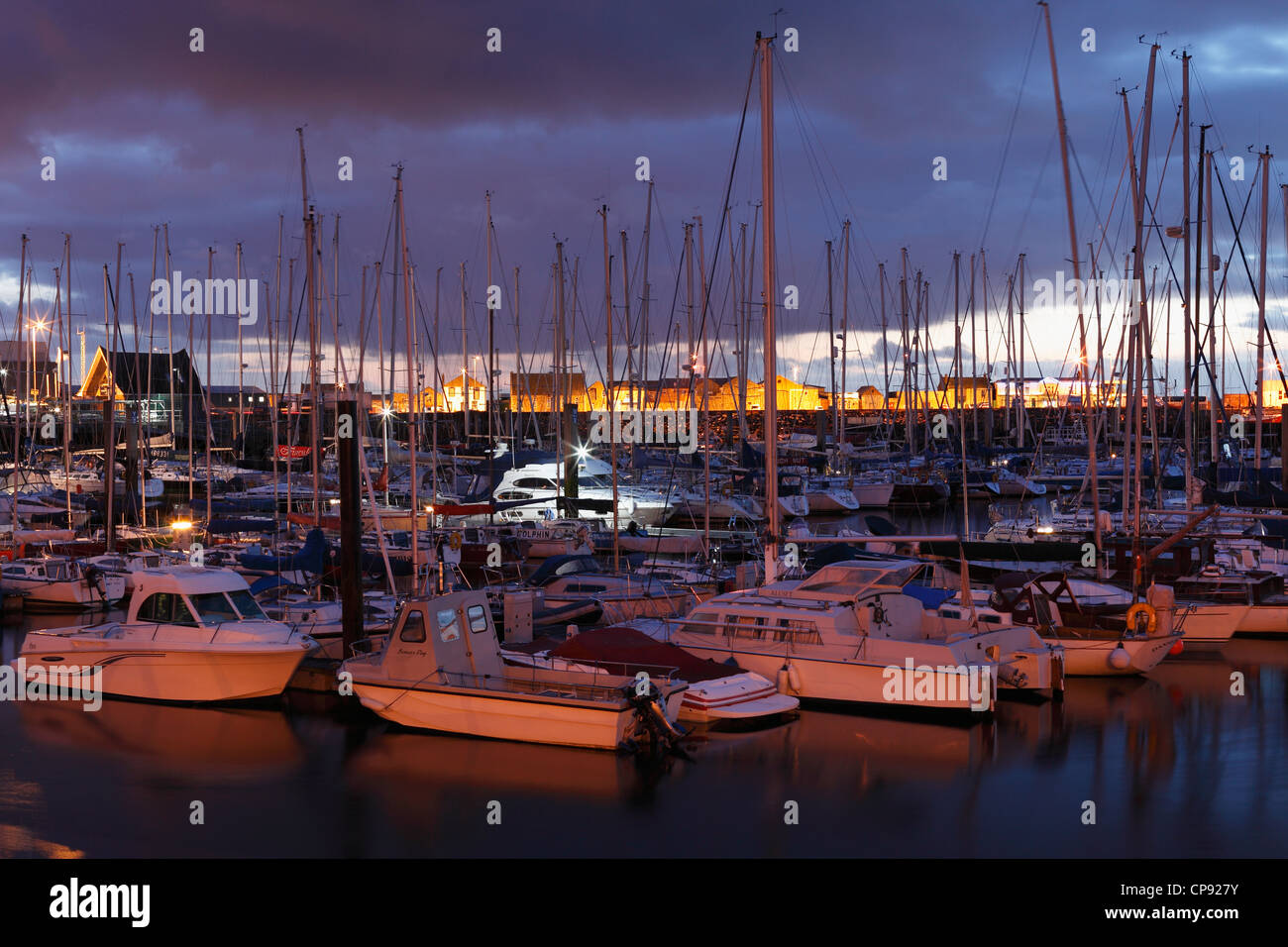 Ireland, County Fingal, View of marina at dusk Stock Photo