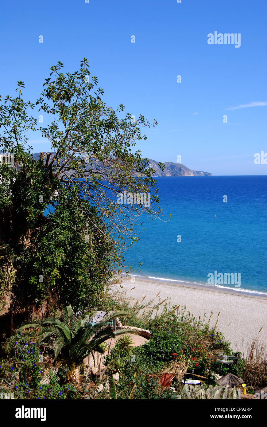 View of Burriana beach and coastline, Nerja, Costa del Sol, Malaga Province, Andalucia, Spain, Western Europe. Stock Photo