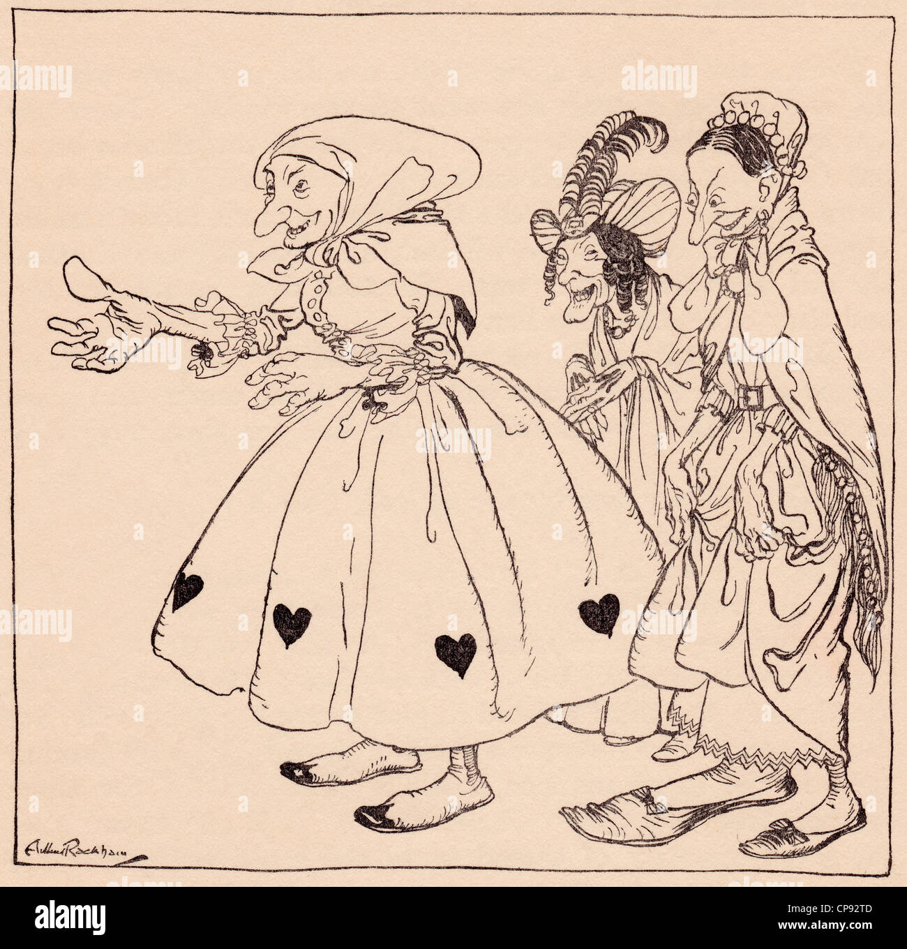In came the three women dressed in the stangest fashion. Illustration by Arthur Rackham from Grimm's Fairy Tale Stock Photo