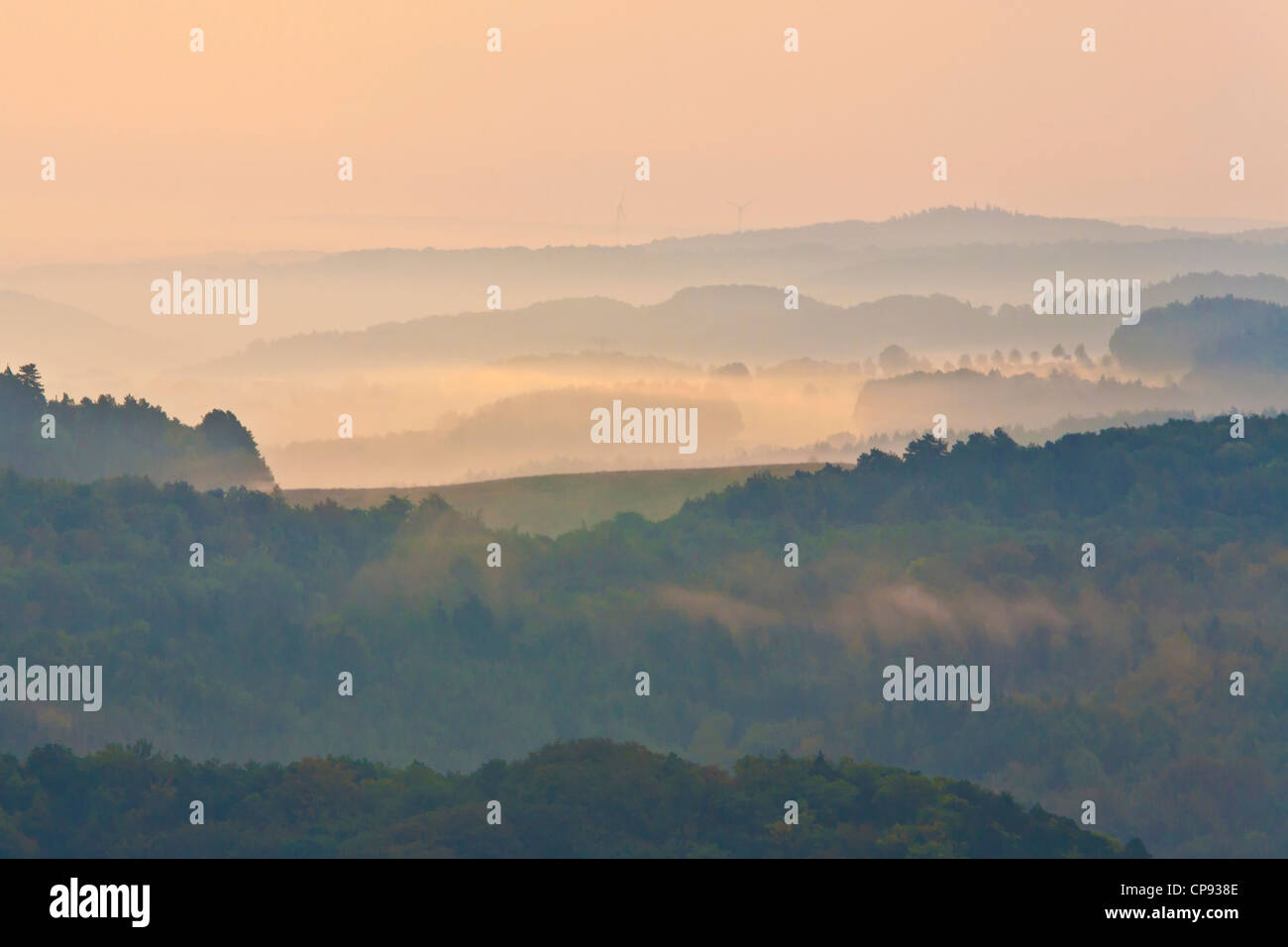 Germany, Thuringia, Eisenach, View of Thuringian Forest at dawn Stock Photo