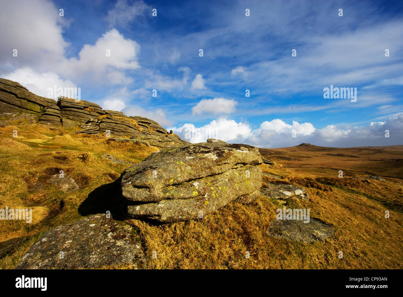 View of Brat Tor and the landscape beyond, Dartmoor National Park, Devon, England, UK Stock Photo