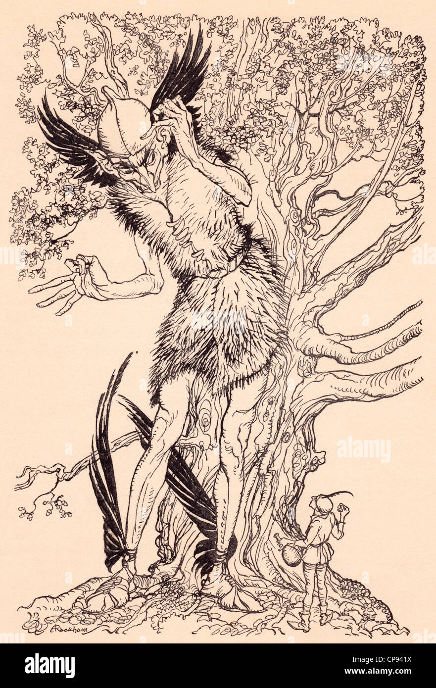 A terrible fellow half as big as the tree by which he was standing. Illustration by Arthur Rackham from Grimm's Fairy Tale Stock Photo