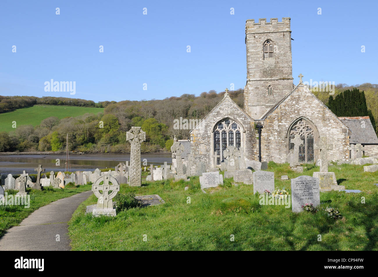 St Winnow Church and Celtic Crosses Lerryn Cornwall England Stock Photo