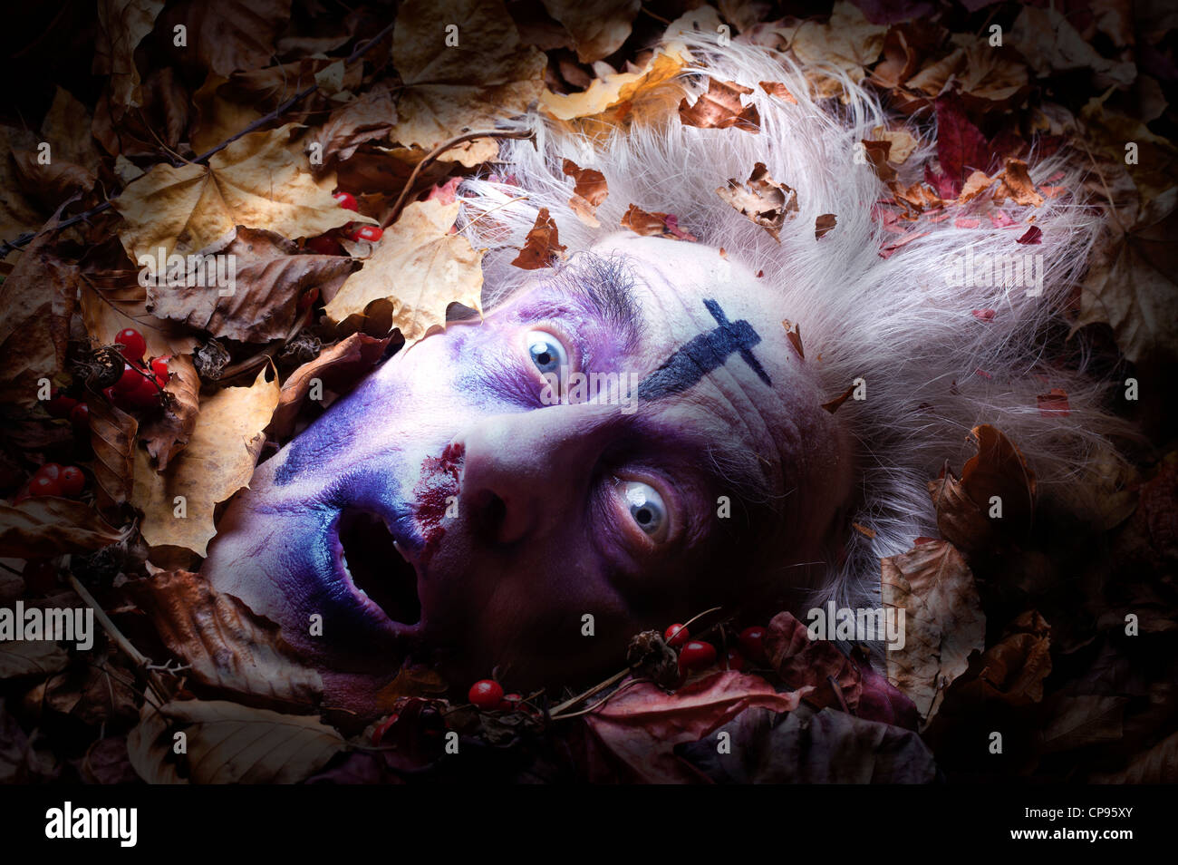 Buried or dead mans head in leaf litter zombie old cross old bodiless Stock Photo