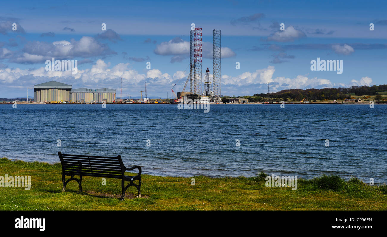 Looking across the Cromarty Firth from the village of Cromarty to the fabrication yards at Nigg, Scotland Stock Photo