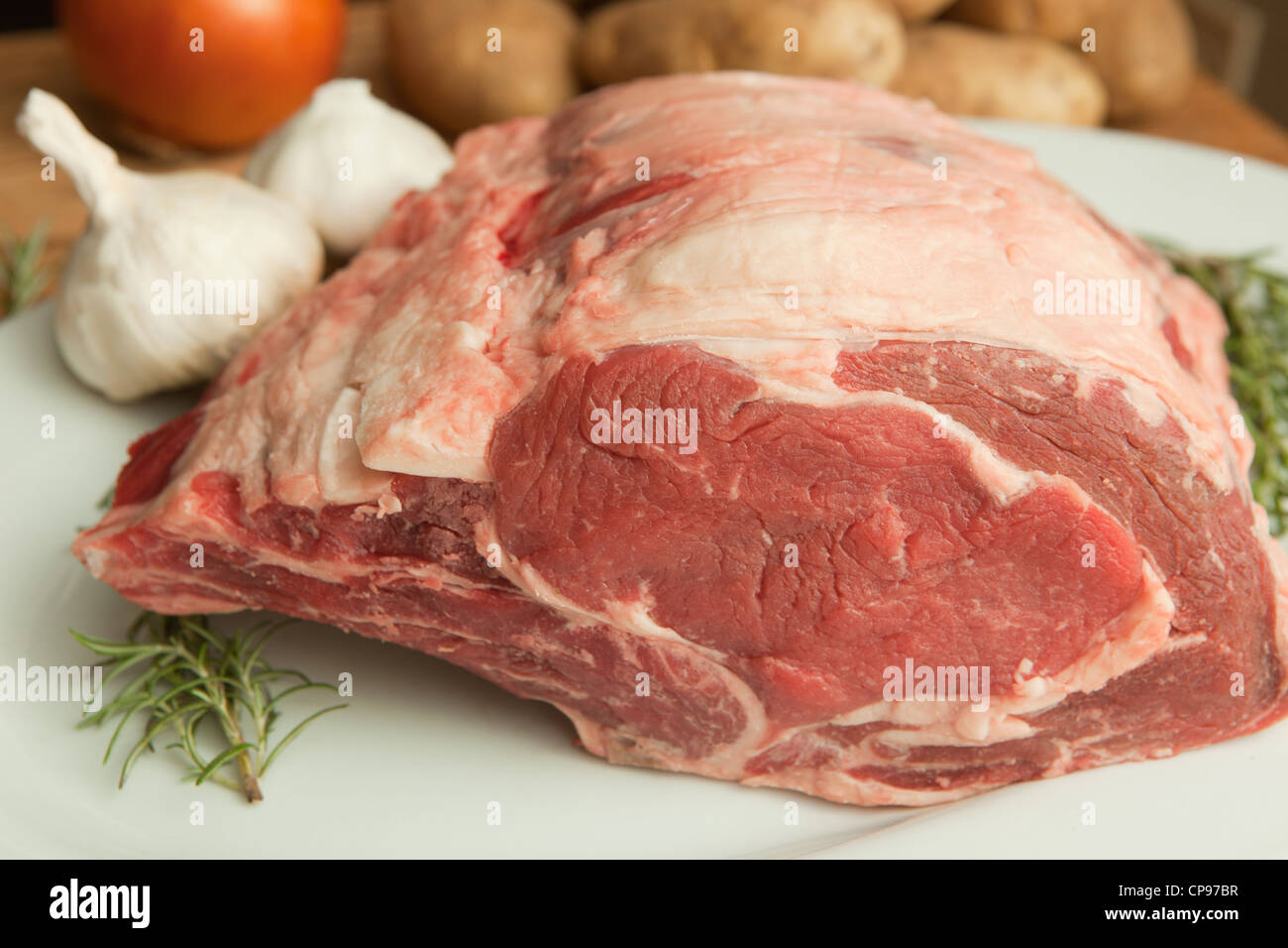 Close up view of whole bone in prime rib beef roast. Stock Photo