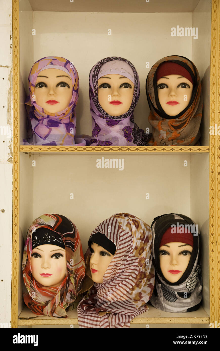 Mannequins showing the latest in hijab (head scarf) fashion, Souk