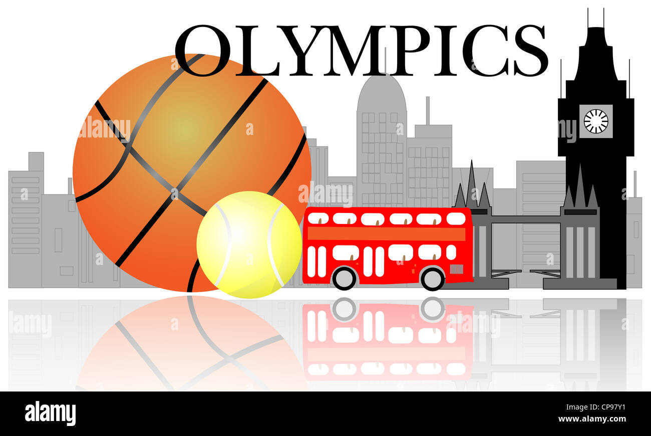 London skyline with tennis ball and basket ball. Sport in London Stock