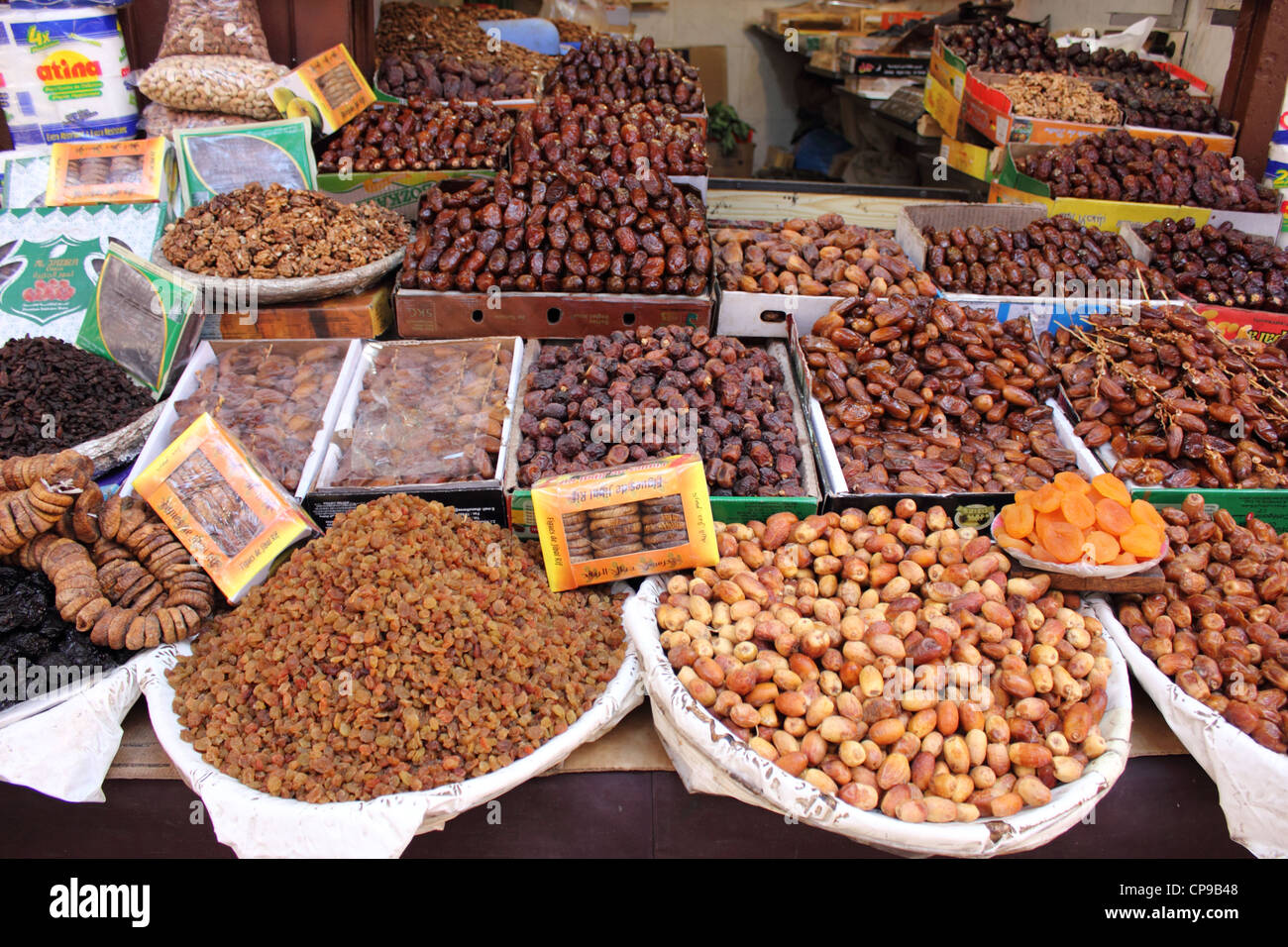 Moroccan Dates, Figs, Apricots and Nuts on a Fez Medina stall. Situated