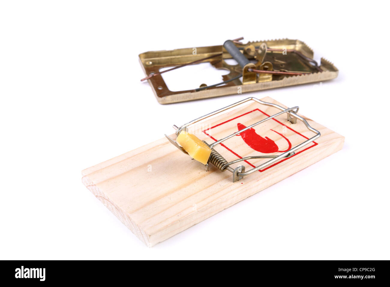 Mousetrap with cheese and empty on a white background Stock Photo