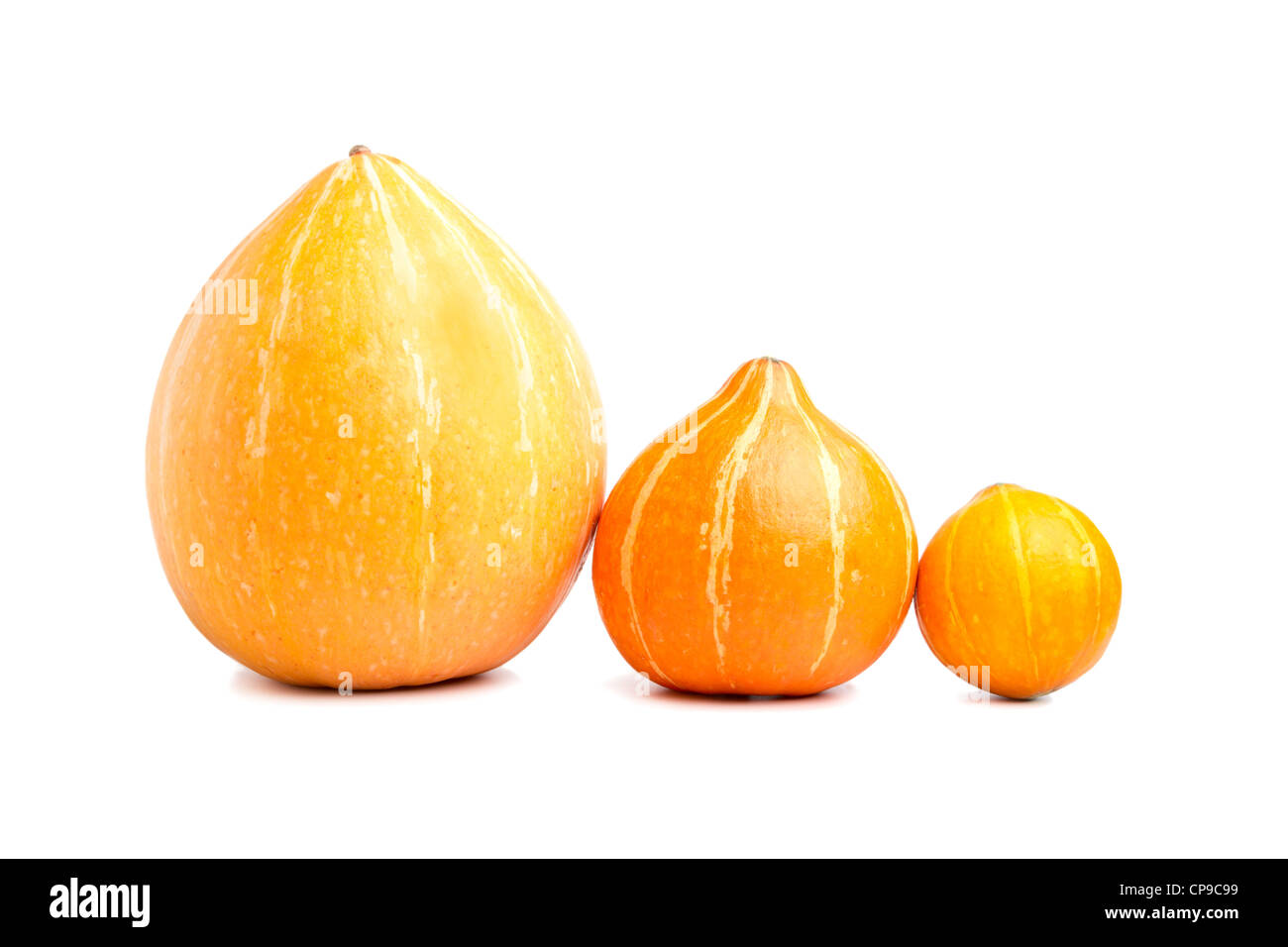 Three pumpkins abreast on a white background isolated Stock Photo - Alamy