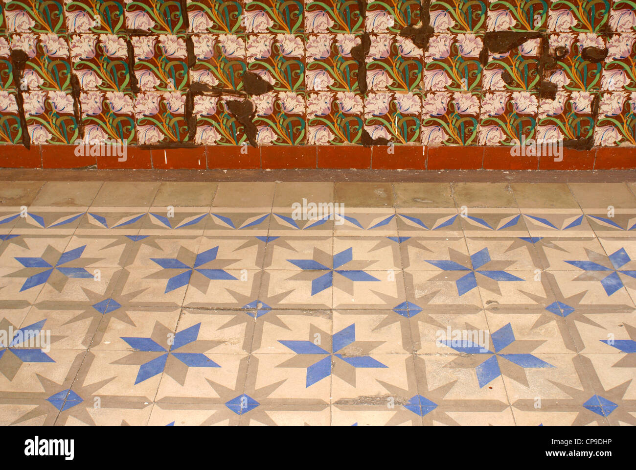 Floor and wall tiles in the Spanish colonial river town of Tlacotalpan