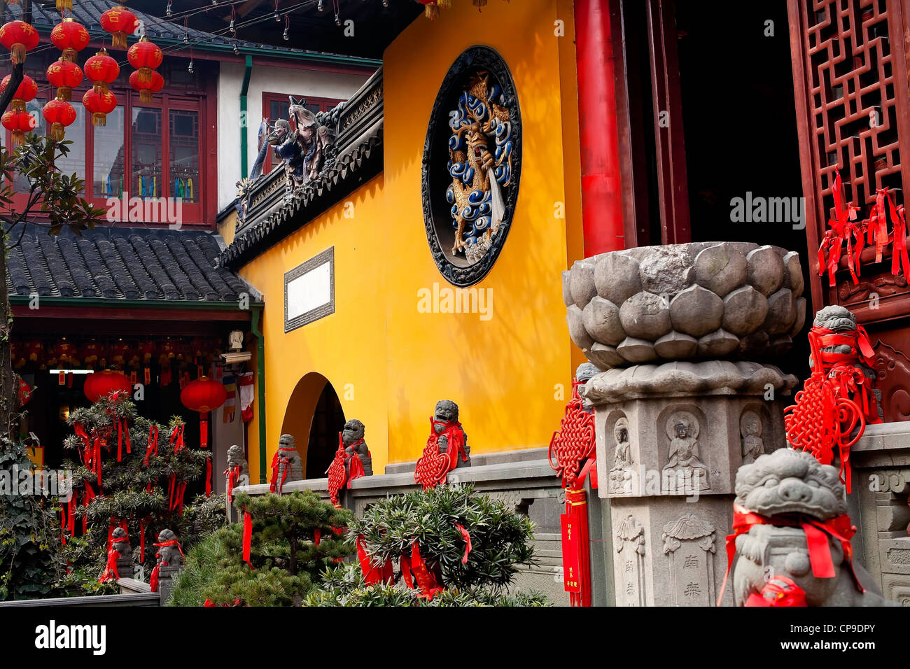 Jade Buddha Temple Doorway Lanterns Ribbons Jufo Si Shanghai China Stock Photo