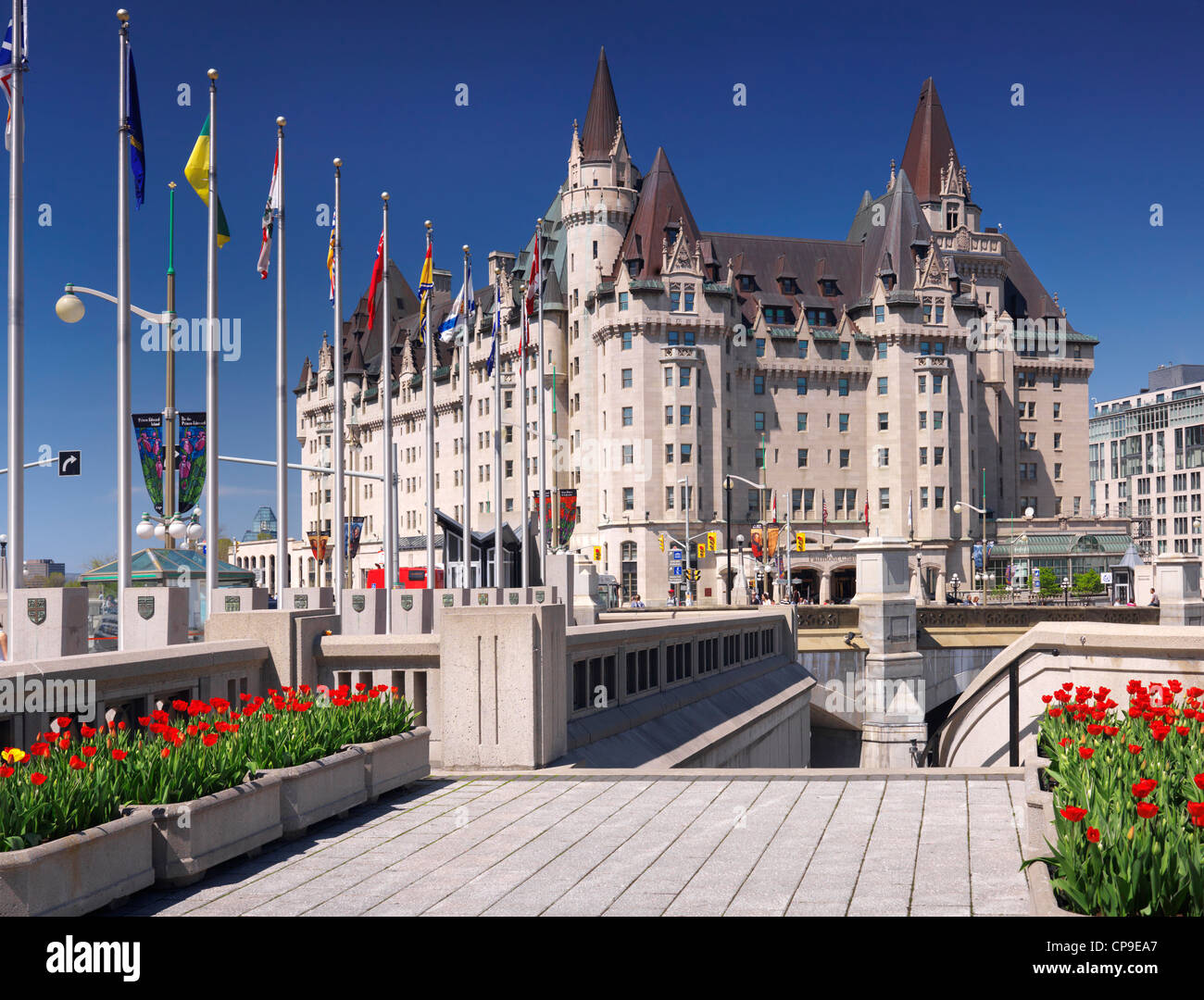 The Fairmont Château Laurier, landmark hotel in downtown Ottawa during tulip festival. Ontario, Canada. Stock Photo
