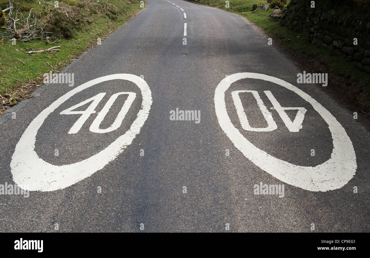 Painted 40 mph road signs , Dartmoor national Park, Devon, England Stock Photo