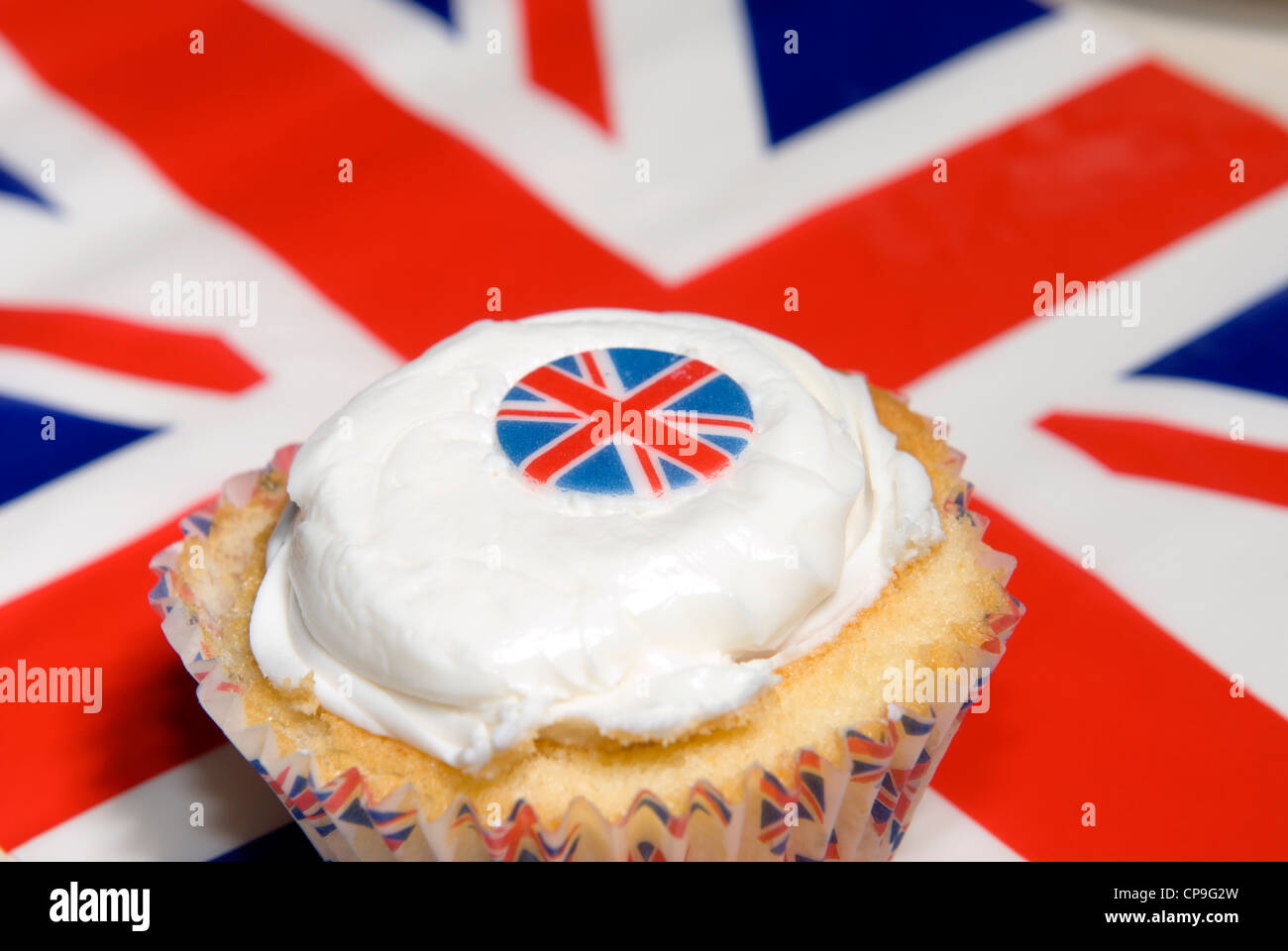 A celebration cupcake, Union (Jack) flag and sticker. Ahead of Her Majesty the Queens Jubilee ...