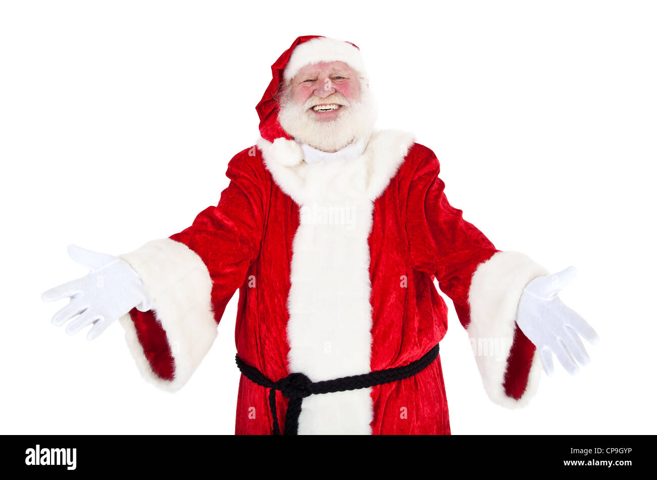 Santa Claus in authentic look with welcoming gesture. All on white ...