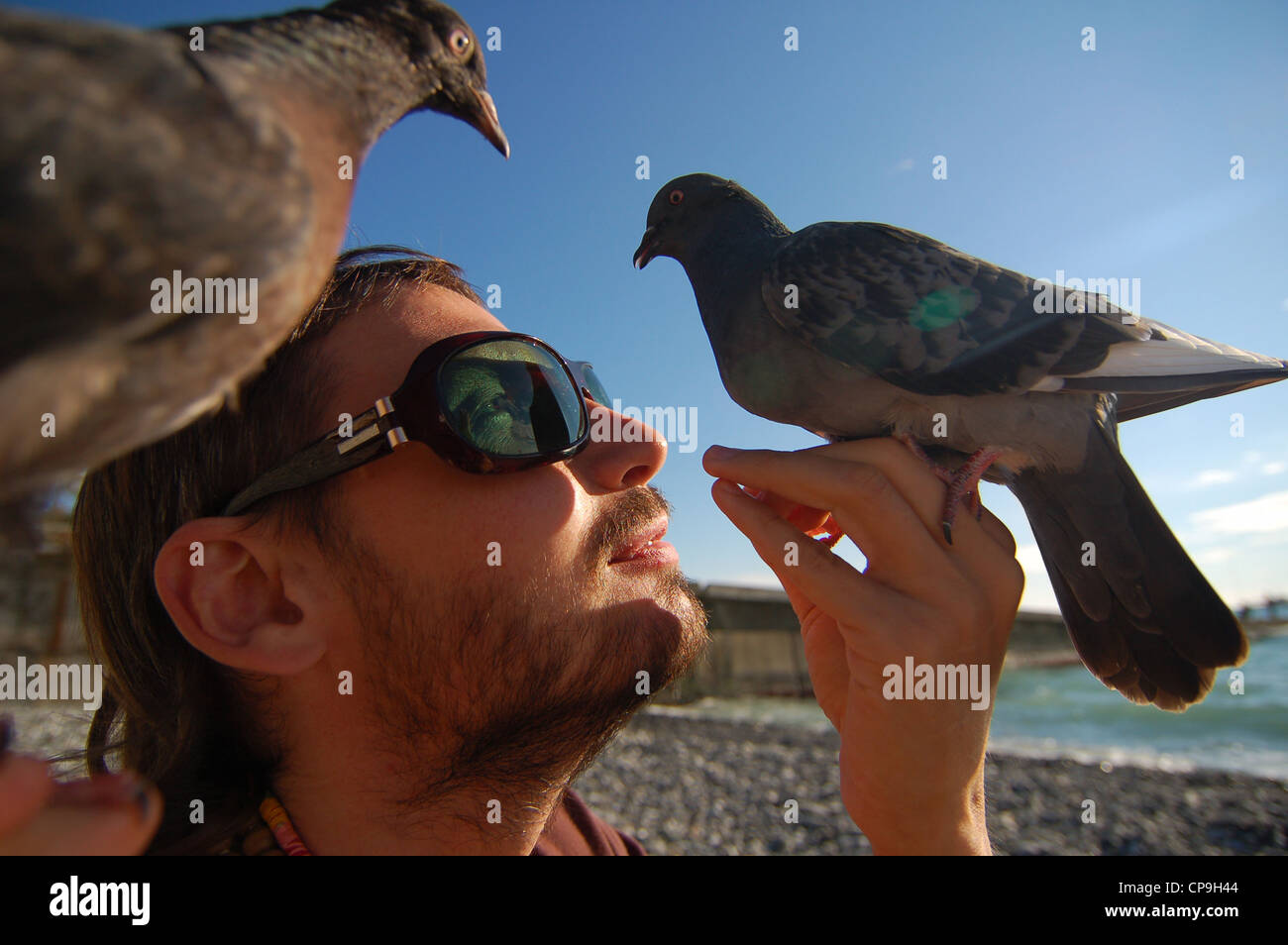 a young man surrounded by pigeons on the Black Sea Stock Photo