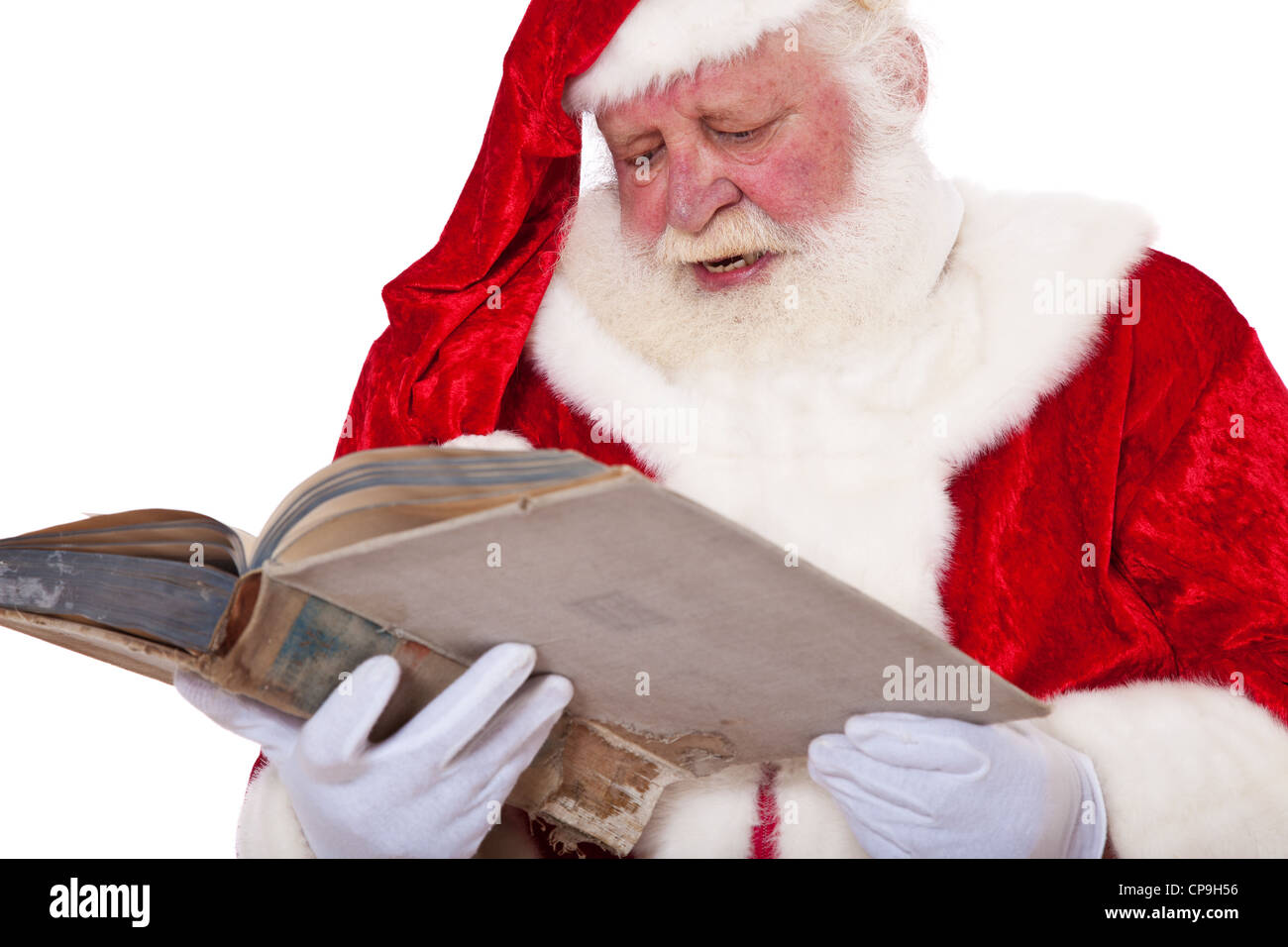Santa Claus in authentic look storytelling. All on white background ...