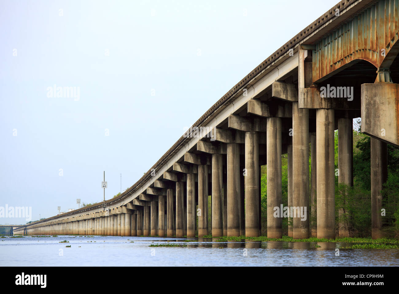 Atchafalaya Swamp Freeway and Basin Bridge. Stock Photo
