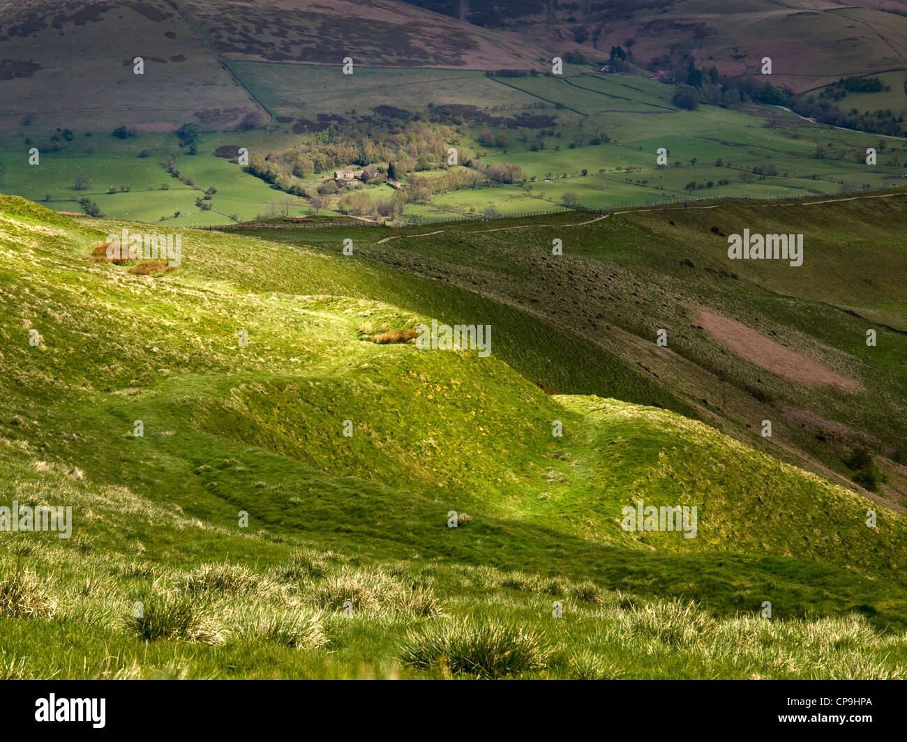 ditches and ramparts of Iron Age hill fort on Mam Tor, Derbyshire, Peak District National Park Stock Photo