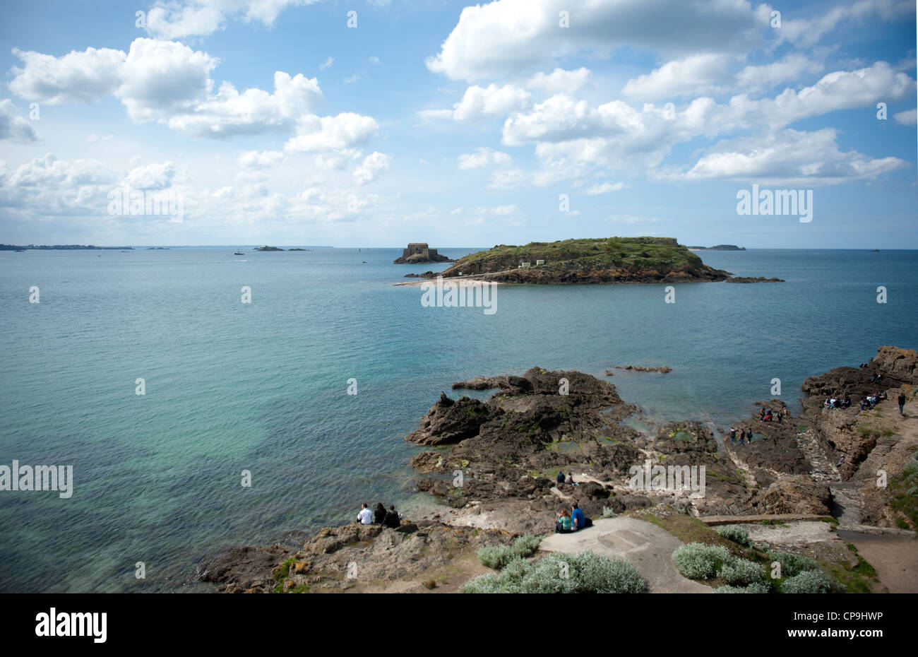 A cluster of rocky islands are located in the bay of Saint Malo in Ille-et-Villaine, Brittany, France Stock Photo