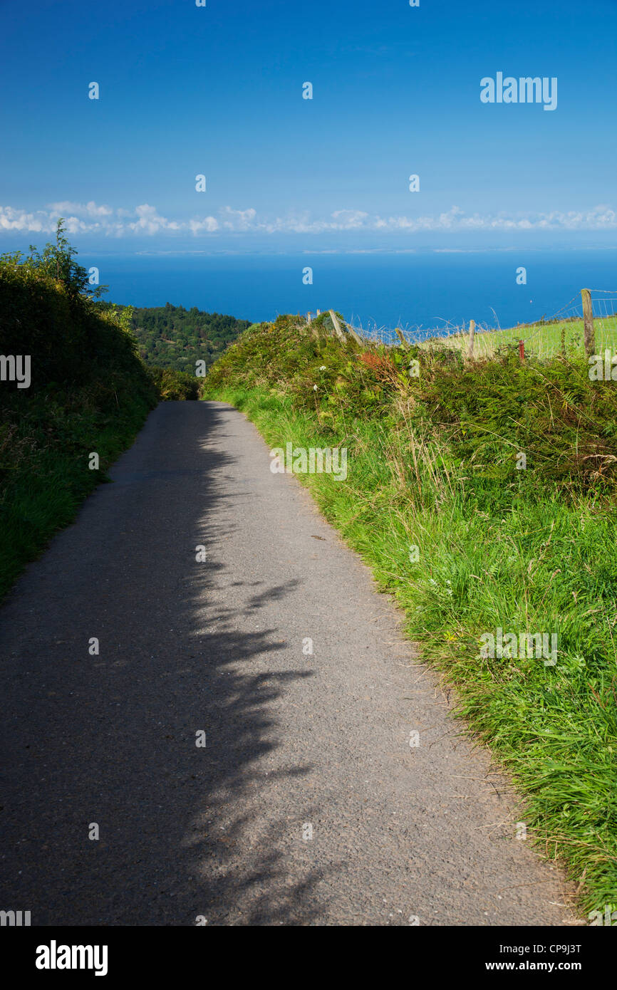 View down a single track country road with hedges both sides looking towards the sea. Stock Photo