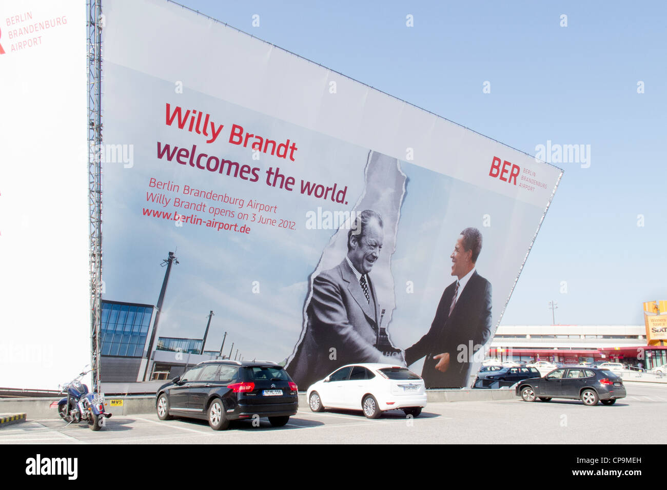 Berlin - Tegel Airport - advertisement advertising the new Brandenburg Airport Stock Photo