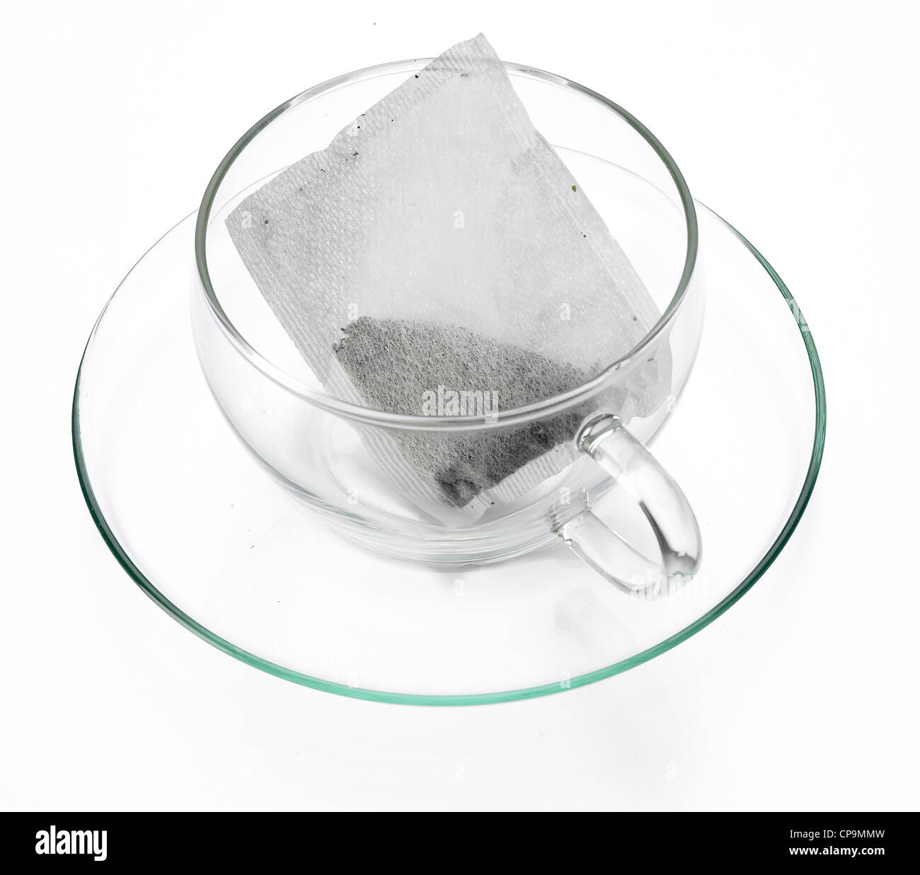 clear glass cup dry tea bag Stock Photo