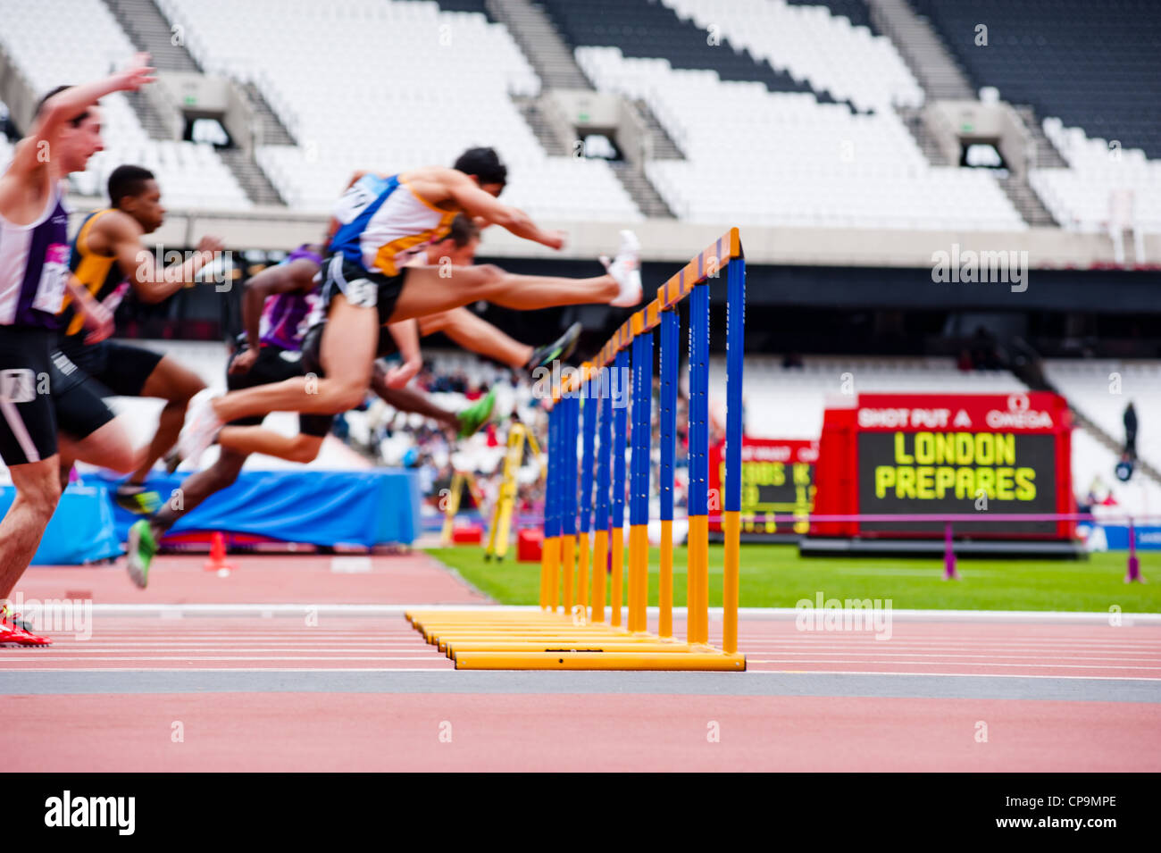 Motion blur image of the Men's 110m hurdles during the London prepares