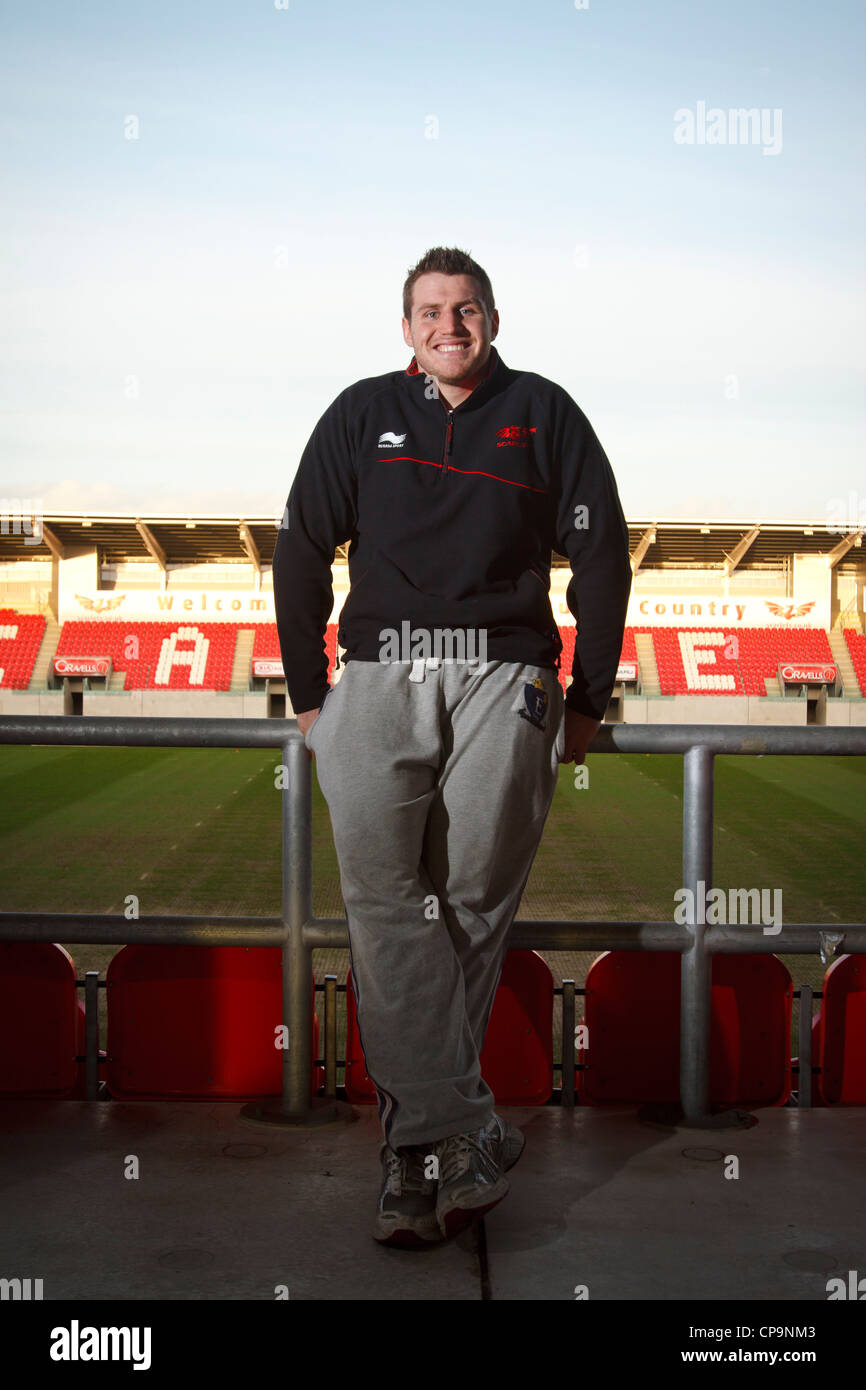 Rugby Player Ben Morgan, Scarlets and England Number 8 photographed in Parc Y Scarlets Rugby Club, Llanelli, South Wales. Stock Photo