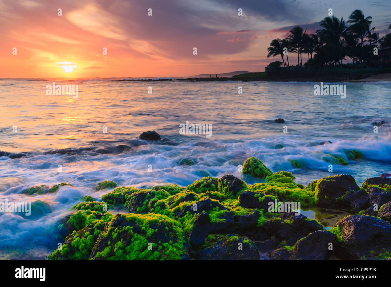 Sunset at famous Poipu Beach, Kauai, Hawaii Stock Photo Alamy