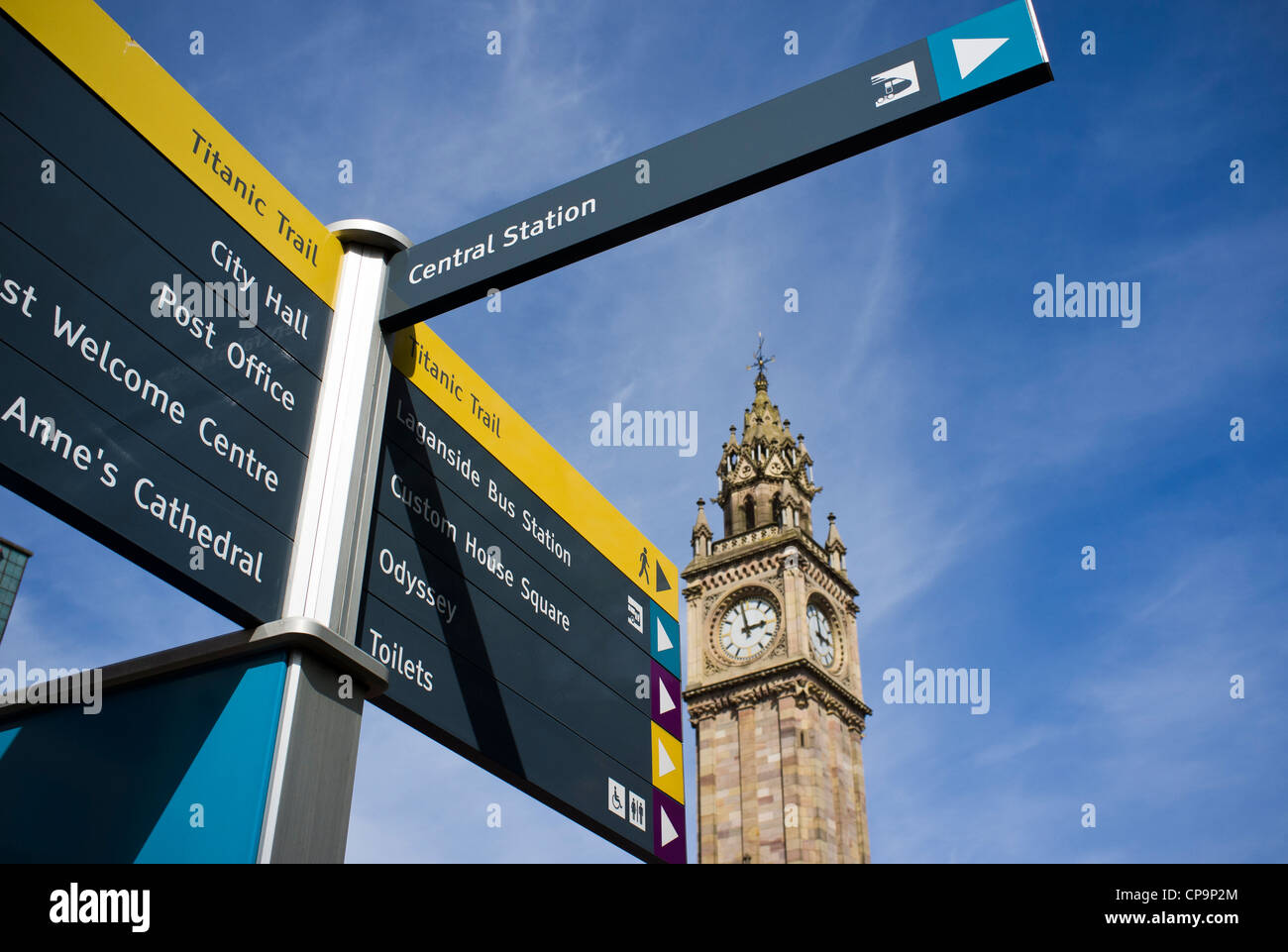 Belfast street sign with Albert memorial Clock in background Stock