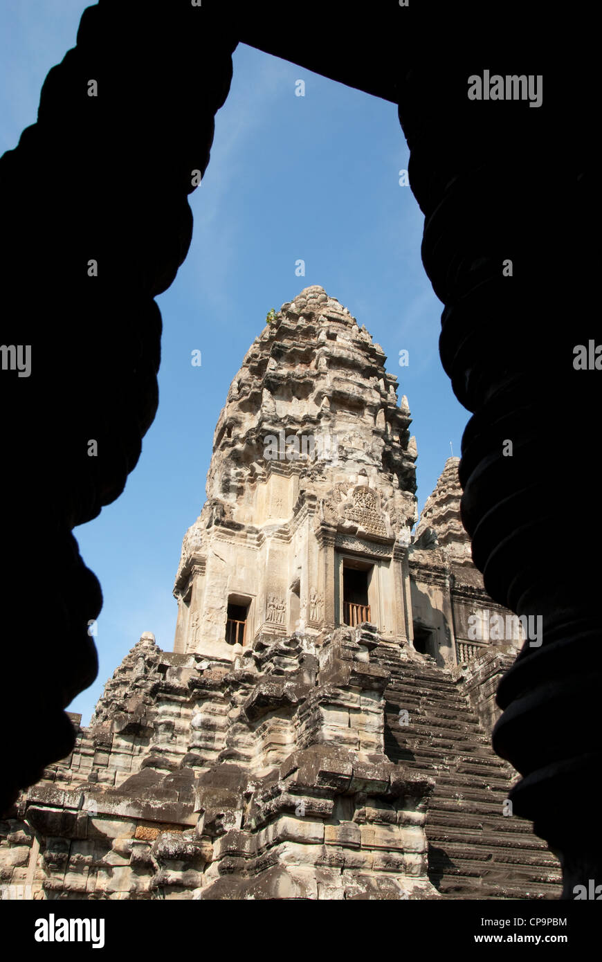 View of temple tower through window balusters, Angkor Wat, Siem Riep ...