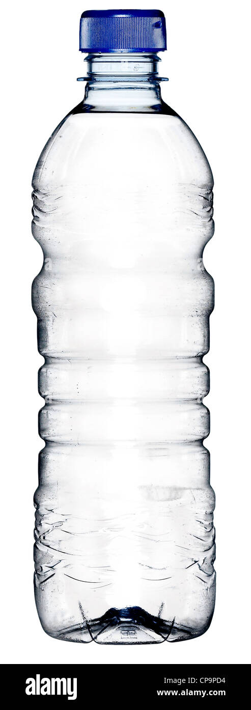 plastic water bottle full H2O ribbed clear Stock Photo