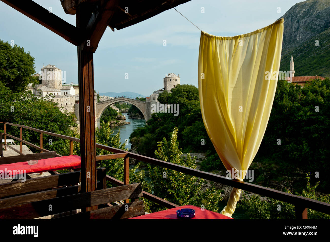 Stari Most Peace Bridge and the Neretva river from a restaurant.Mostar.Bosnia- Herzegovina.Balkans.Europe. Stock Photo
