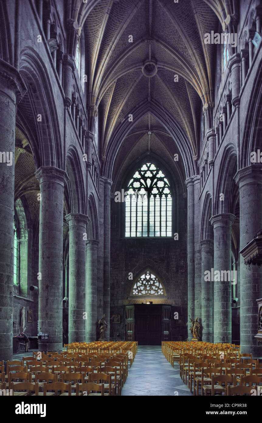 A view of the inside of the old Gothic Catherdral in Dinant, Belgium Stock Photo