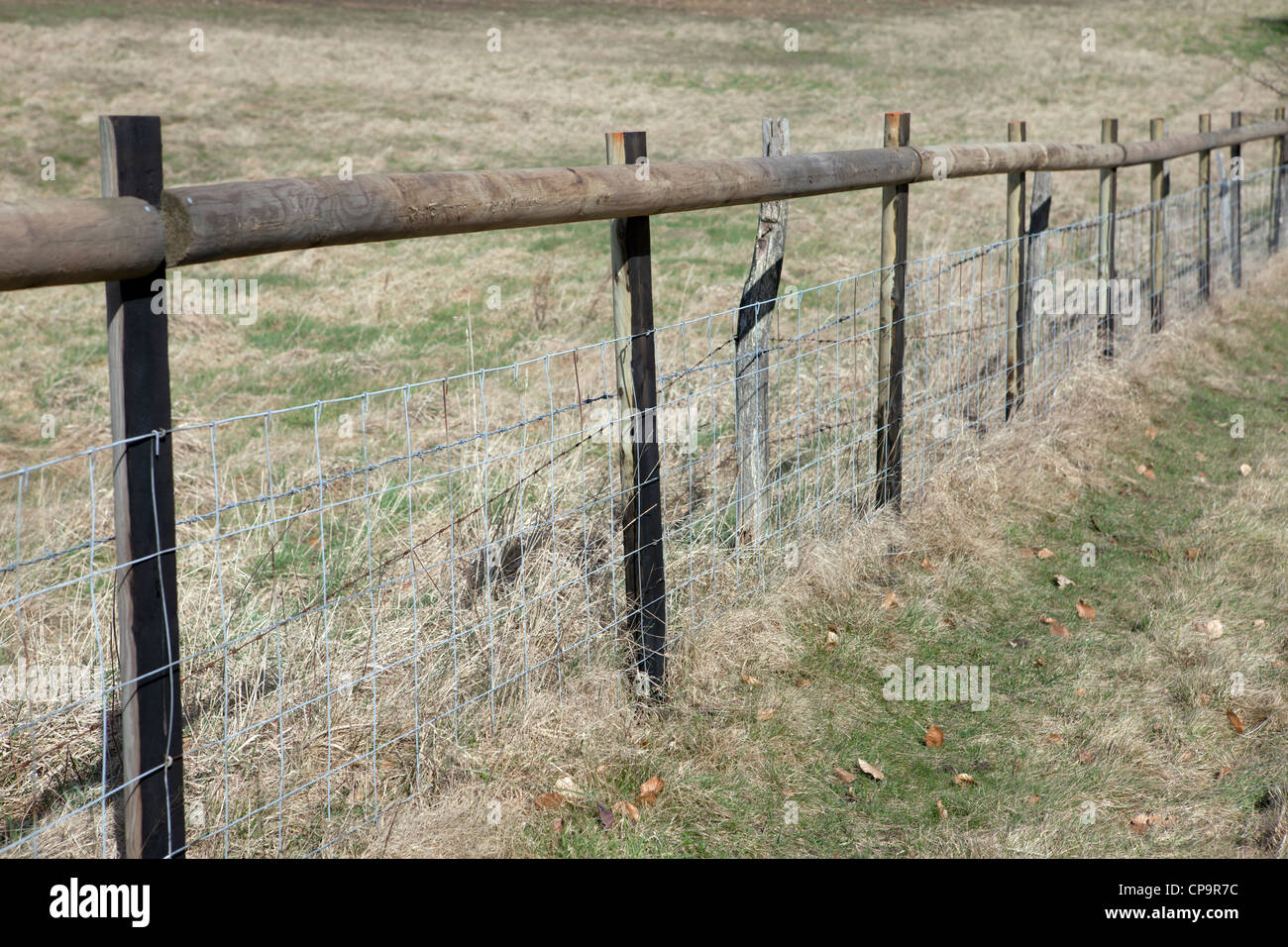 Stock fencing, post and rail with sheep netting Stock Photo